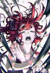 Rule 34 | 1girl, crying, dress, floating, floating hair, gundam, gundam suisei no majo, highres, hug, jewelry, long hair, mwoji, open mouth, red hair, ring, solo focus, strapless, strapless dress, suletta mercury, tears