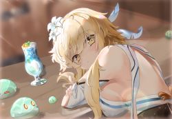 Rule 34 | 1girl, absurdres, backless outfit, bare shoulders, blonde hair, breasts, dress, elphe, flower, genshin impact, hair flower, hair ornament, highres, izakaya, leaning on object, lily (flower), looking at viewer, looking back, lumine (genshin impact), medium breasts, sideboob, slime, sunlight, table, white dress, yellow eyes