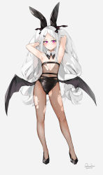 Rule 34 | 1girl, animal ears, armpits, arms behind head, artist name, bat wings, black footwear, blue archive, breasts, dated, dema hmw, fake animal ears, full body, grey background, highres, hina (blue archive), leotard, long hair, looking at viewer, low wings, pantyhose, pink eyes, playboy bunny, rabbit ears, shoes, simple background, small breasts, solo, standing, torn clothes, torn pantyhose, twintails, white hair, wings
