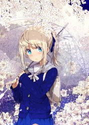 Rule 34 | 1girl, bag, blonde hair, blue eyes, blush, cherry blossoms, commentary request, eyes visible through hair, flower, hair ribbon, highres, long hair, long sleeves, looking at viewer, neckerchief, ogipote, open mouth, original, outdoors, pleated skirt, ponytail, ribbon, school bag, school uniform, serafuku, skirt, solo, transparent, transparent umbrella, umbrella