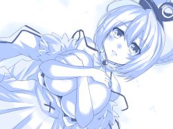 Rule 34 | 10s, 1girl, absurdres, blanc (neptunia), blush, breasts, cleavage, covering privates, covering breasts, detached collar, dress, fur trim, hand on own chest, happy, hat, highres, huge breasts, looking at viewer, monochrome, neptune (series), no bra, open mouth, shinjitsu (true ride), short hair, smile, solo