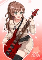 Rule 34 | 1girl, :d, bang dream!, bare shoulders, bass guitar, beige dress, belt, black belt, black footwear, blush, boots, brown hair, collarbone, commentary request, cowboy shot, dress, earrings, esp guitars, gradient background, green eyes, hair between eyes, half updo, highres, imai lisa, instrument, jewelry, long hair, long sleeves, medium hair, music, off-shoulder dress, off shoulder, official style, open mouth, partial commentary, playing instrument, polka dot, polka dot background, rabbit earrings, red background, ribbed dress, sidelocks, signature, smile, solo, sparkle, standing, star (symbol), starry background, thigh boots, thighhighs, yoshino yamato, zettai ryouiki