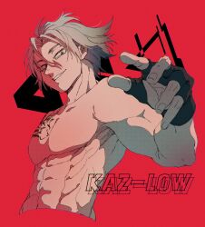 Rule 34 | 1boy, abs, asumi kakeru, asumi kazuro, bare pectorals, character name, grey eyes, grey hair, hair between eyes, highres, looking at viewer, male focus, mukai nemui, pectorals, red background, simple background, smile, solo, toned, toned male, upper body