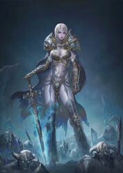 Rule 34 | 1girl, 6+others, armor, armored boots, arthas menethil, bikini armor, black cape, boots, breasts, cape, chenart12, cleavage, earrings, fake horns, frostmourne, full body, gauntlets, genderswap, genderswap (mtf), glowing, glowing eyes, grey eyes, grey hair, helmet, highres, holding, holding polearm, holding shield, holding sword, holding weapon, horned helmet, horns, jewelry, large breasts, lips, long hair, looking at viewer, medium breasts, multiple others, navel, outdoors, pale skin, pauldrons, pelvic curtain, polearm, purple lips, revealing clothes, shield, shoulder armor, skull, skull ornament, solo focus, standing, stomach, sword, torn cape, torn clothes, warcraft, weapon, world of warcraft, zombie
