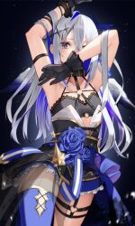 Rule 34 | 1girl, amane kanata, amane kanata (another world), arm strap, arm up, armpits, asymmetrical hair, black background, black collar, black gloves, blue flower, blue hair, blue rose, blue thighhighs, chest harness, collar, colored inner hair, commentary, corset, covered mouth, cowboy shot, flat chest, flower, frilled gloves, frills, gloves, gold trim, grey hair, hair between eyes, hair ornament, halo, hand in own hair, harness, heart o-ring, high-waist skirt, highres, hololive, lace trim, long hair, looking at viewer, multicolored hair, o-ring, o-ring top, official alternate costume, one eye covered, purple eyes, rose, simple background, single hair intake, single thighhigh, skirt, solo, standing, thigh strap, thighhighs, thomas 8000, two-tone hair, virtual youtuber