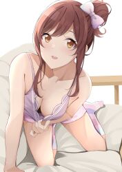 Rule 34 | 1girl, blush, bow, breasts, brown hair, camisole, camisole pull, cleavage, clothes pull, collarbone, couch, hair bow, hair bun, highres, idolmaster, idolmaster shiny colors, kneeling, looking at viewer, medium breasts, on couch, osaki amana, purple camisole, sidelocks, single side bun, smile, socks, solo, striped clothes, striped socks, tukikataumemo
