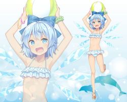 Rule 34 | 1girl, :d, armpits, arms up, ball, bare legs, beachball, bekotarou, bikini, blue bikini, blue bow, blue eyes, blue hair, bow, bracelet, cirno, commentary request, dolphin, frilled bikini, frills, hair bow, holding, holding ball, ice, ice wings, jewelry, looking at viewer, navel, open mouth, polka dot, polka dot bikini, sandals, scrunchie, short hair, smile, standing, standing on one leg, swimsuit, tan, touhou, wings, wrist scrunchie, zoom layer