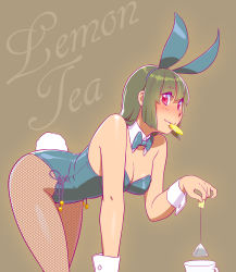 Rule 34 | 1girl, animal ears, bow, bowtie, breasts, cleavage, cup, detached collar, fake animal ears, fishnet pantyhose, fishnets, fukusuke hachi-gou, green hair, highres, large breasts, leaning forward, mouth hold, original, pantyhose, playboy bunny, rabbit ears, rabbit tail, red eyes, short hair, solo, tail, teabag, teacup, wrist cuffs