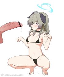 Rule 34 | + +, 1boy, 1girl, absurdres, alternate costume, animal ears, bare arms, bare legs, bare shoulders, barefoot, bikini, black bikini, blue archive, blush, breasts, commentary, dog ears, dog girl, english commentary, erection, extra ears, full body, green hair, halo, hands up, hetero, highres, kenatosne, large penis, long hair, looking at penis, micro bikini, paw pose, penis, penis awe, precum, simple background, small breasts, spread legs, squatting, string bikini, swimsuit, umika (blue archive), white background