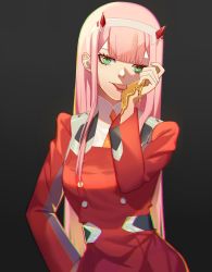 Rule 34 | 1girl, black background, blunt bangs, breasts, darling in the franxx, green eyes, hairband, hand on own hip, highres, horns, jacket, licking, licking hand, long hair, long sleeves, looking at viewer, medium breasts, military, military uniform, oni horns, pink hair, red horns, red jacket, solo, straight hair, tongue, tongue out, uniform, upper body, white hairband, whither laws, zero two (darling in the franxx)