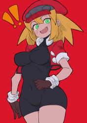 Rule 34 | 1girl, absurdres, black bodysuit, blonde hair, blush, bodysuit, breasts, buzzlyears, cabbie hat, covered collarbone, covered navel, cropped jacket, fang, from below, glowing, green eyes, hat, highres, jacket, medium breasts, mega man (series), mega man legends (series), nervous, nervous sweating, no pants, open clothes, open jacket, open mouth, red hat, roll caskett (mega man), solo, sweat