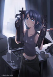 Rule 34 | 10s, 1girl, 2014, ammunition, artist name, black hair, blue eyes, box, breasts, bullpup, cardboard box, clothes around waist, coffee mug, collarbone, cup, curtains, dark, dead-robot, dog tags, dual wielding, explosive, facial mark, finger on trigger, fingerless gloves, gloves, grenade, gun, holding, indoors, jacket, jacket around waist, light smile, midriff, mug, navel, original, p90, personal defense weapon, short hair, small breasts, solo, star (symbol), submachine gun, table, tank top, thermos, weapon, window