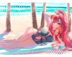 Rule 34 | 1girl, anklet, armpits, backlighting, beach, beach towel, braid, breasts, commentary, dragon tattoo, elly (vtuber), english commentary, flower, green eyes, green one-piece swimsuit, hair flower, hair ornament, highres, indie virtual youtuber, jewelry, kamadoi, large breasts, long hair, looking to the side, lying, narrow waist, navel, on side, one-piece swimsuit, palm tree, ponytail, second-party source, side braid, swimsuit, tattoo, towel, tree, virtual youtuber, wide hips