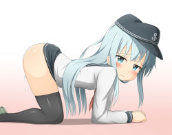 Rule 34 | 10s, 1girl, all fours, anchor symbol, arm support, bad id, bad pixiv id, black hat, black skirt, black thighhighs, blue eyes, blue hair, closed mouth, clothes lift, dripping, flat cap, from side, frown, gradient background, hat, hibiki (kancolle), highres, kantai collection, long hair, long sleeves, looking at viewer, looking to the side, matching hair/eyes, nedia (nedia region), pleated skirt, sailor collar, school uniform, serafuku, shiny skin, shirt, simple background, skirt, skirt lift, solo, thighhighs, wavy mouth, white shirt