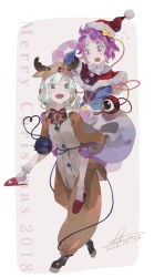 Rule 34 | 2018, 2girls, :d, alternate costume, animal costume, arm up, beige background, bell, black hairband, blouse, blue shirt, blush, bobby socks, border, buttons, capelet, carrying, christmas, commentary request, dated, eyeball, flying sweatdrops, fur trim, green eyes, green hair, hair between eyes, hair ornament, hairband, hand on headwear, hand on own head, hat, heart, heart hair ornament, heart of string, highres, hooves, komeiji koishi, komeiji satori, long skirt, long sleeves, looking at another, looking back, multiple girls, one eye closed, open mouth, piggyback, pink eyes, pink hair, purple eyes, purple hair, red footwear, red neckwear, red ribbon, ribbon, santa hat, shihou (g-o-s), shirt, short hair, siblings, signature, sisters, skirt, slippers, smile, socks, third eye, touhou, white border, white legwear, wide-eyed, wide sleeves