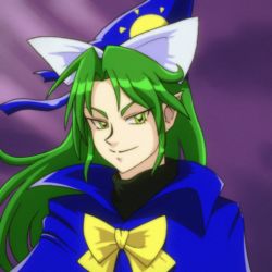 Rule 34 | 1990s (style), 1girl, black sweater, blue capelet, blue ribbon, bow, bowtie, capelet, green eyes, green hair, hat, hat ribbon, long hair, mima-sama, mima (touhou), pointy ears, retro artstyle, ribbon, slayers, smile, solo, sun print, sweater, touhou, touhou (pc-98), white ribbon, wizard hat, yellow bow, yellow bowtie