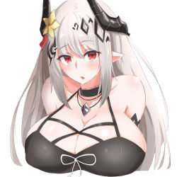 Rule 34 | 1girl, :o, arknights, bikini, black bikini, breasts, demon horns, flower, grey hair, hair between eyes, hair flower, hair ornament, highres, horns, huge breasts, infection monitor (arknights), long hair, looking at viewer, maiq06, material growth, mudrock (arknights), mudrock (silent night) (arknights), official alternate costume, oripathy lesion (arknights), pointy ears, red eyes, solo, stomach, swimsuit, underboob, upper body, white background, yellow flower