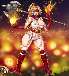 Rule 34 | 7th-heaven, areola slip, axe, belt, biker clothes, bikesuit, blonde hair, bodysuit, boots, breasts, crown, earrings, fire, highres, jewelry, large breasts, long hair, mario (series), navel, nintendo, pink bodysuit, princess peach, red footwear, scarf, skin tight, smile, the super mario bros. movie, thick thighs, thighs, torn clothes