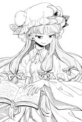 Rule 34 | 1girl, bags under eyes, book, bow, crescent, crescent hat ornament, crescent pin, dress, greyscale, hair bow, hat, hat ornament, hat ribbon, holding, holding book, long hair, looking at viewer, maguro (mawaru sushi), mob cap, monochrome, narrowed eyes, open book, open mouth, patchouli knowledge, ribbon, simple background, smile, smirk, solo, striped clothes, striped dress, touhou, vertical-striped clothes, vertical-striped dress, very long hair, white background, wide sleeves