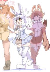 Rule 34 | 100maru, 1boy, 2girls, animal ears, bare shoulders, blush, boots, bow, bowtie, brown hair, capelet, captain (kemono friends), center frills, dhole (kemono friends), dog ears, dog girl, dog tail, dress, extra ears, frills, fur collar, gloves, grey bow, grey bowtie, grey hair, hair bow, heart, highres, imminent fight, jealous, kemono friends, kemono friends 3, long hair, multicolored hair, multiple girls, open mouth, purple bow, rabbit ears, rabbit girl, rabbit tail, shirt, short hair, short sleeves, skirt, sleeveless, smile, snowshoe hare (kemono friends), tail, two-tone hair, white capelet, white fur, white gloves, white hair, yellow eyes