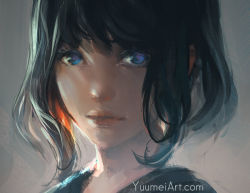 Rule 34 | 1girl, black hair, blue eyes, close-up, closed mouth, face, grey background, lips, original, short hair, solo, watermark, web address, yuumei