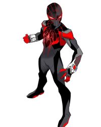 Rule 34 | 1boy, bodysuit, clenched hand, commentary, dan mora, english commentary, highres, looking to the side, male focus, marvel, miles morales, open hand, redesign, solo, spider-man (miles morales), spider-man (series), standing, superhero costume, tokusatsu, white eyes
