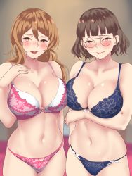 Rule 34 | 2girls, arm under breasts, blue bra, blue panties, blurry, blurry background, blush, bra, breasts, brown eyes, brown hair, cleavage, closed mouth, collarbone, eyewear strap, glasses, highres, kantai collection, large breasts, light brown hair, lingerie, littorio (kancolle), long hair, looking at viewer, multiple girls, navel, open mouth, panties, pink bra, pink panties, roma (kancolle), shingyou (alexander-13), short hair, smile, standing, underwear, underwear only