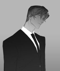 1boy closed_mouth collared_shirt crying formal_clothes greyscale highres jacket jing84672940 library_of_ruina looking_to_the_side monochrome necktie project_moon roland_(project_moon) shirt simple_background solo suit upper_body