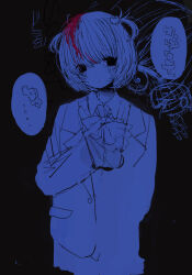Rule 34 | 1girl, absurdres, bags under eyes, black background, blood, blood in hair, blush, bow, bowtie, closed mouth, dot mouth, dot nose, empty eyes, highres, long sleeves, monochrome, noroi (rnatataki), original, short hair, simple background, solo, speech bubble, spot color, sweat, translation request, two side up, upper body