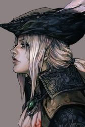 Rule 34 | 1girl, ascot, blonde hair, bloodborne, grey background, hat, hungry clicker, lady maria of the astral clocktower, long hair, ponytail, simple background, solo, the old hunters, tricorne, white hair