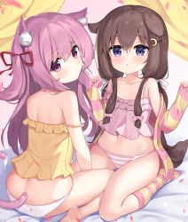 Rule 34 | 2drr, 2girls, :o, animal ear fluff, animal ears, ass, azur lane, bare arms, bare legs, bare shoulders, barefoot, bed sheet, blush, brown hair, camisole, cat ears, cat girl, cat tail, closed mouth, commentary request, commission, crescent, crescent hair ornament, curtains, dog ears, dog girl, dog tail, fumizuki (azur lane), hair between eyes, hair ornament, hair ribbon, hairclip, hands up, highres, jacket, kisaragi (azur lane), kneehighs, long hair, long sleeves, looking at viewer, looking back, low twintails, multiple girls, navel, no shoes, one side up, open clothes, open jacket, panties, parted lips, petals, pinching sleeves, pink camisole, pink hair, pixiv commission, purple eyes, red ribbon, ribbon, sleeves past wrists, socks, soles, strap slip, striped clothes, striped jacket, striped legwear, striped panties, striped socks, tail, twintails, underwear, underwear only, very long hair, white panties, yellow camisole