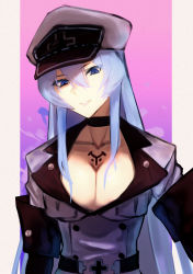 Rule 34 | 1girl, akame ga kill!, blue eyes, blue hair, breasts, chest tattoo, choker, cleavage, commentary request, esdeath, hair between eyes, haku076, hat, highres, large breasts, long hair, looking at viewer, military, military uniform, open mouth, peaked cap, simple background, smile, solo, tattoo, thighhighs, uniform, very long hair