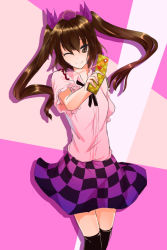 Rule 34 | 1girl, black thighhighs, bow, brown eyes, brown hair, camera phone, cellphone, checkered clothes, checkered skirt, hair bow, hat, hazuki kyou, highres, himekaidou hatate, one eye closed, phone, skirt, solo, thighhighs, tokin hat, touhou, twintails