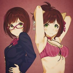 Rule 34 | 10s, absurdres, animal ears, armpits, arms behind head, arms up, blush, breasts, brown hair, cat ears, closed mouth, commentary request, dual persona, fake animal ears, fang, glasses, green eyes, highres, idolmaster, idolmaster cinderella girls, kanamura will, long sleeves, looking at viewer, maekawa miku, medium breasts, multiple persona, school uniform, short hair, upper body