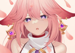 Rule 34 | 1girl, bad id, bad pixiv id, bare shoulders, beige background, commentary request, genshin impact, hair between eyes, hair ornament, highres, long hair, looking at viewer, open mouth, petals, pink hair, purple eyes, shirafuji ene, simple background, solo, upper body, yae miko