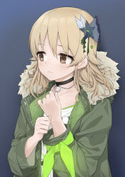 Rule 34 | 1girl, blonde hair, blue background, blush, breasts, brown eyes, choker, closed mouth, collarbone, fpanda, fur-trimmed jacket, fur trim, gradient background, green jacket, green ribbon, hair ornament, highres, idolmaster, idolmaster cinderella girls, idolmaster cinderella girls starlight stage, jacket, long sleeves, looking to the side, medium hair, morikubo nono, open clothes, open jacket, ribbon, ringlets, shirt, small breasts, solo, star (symbol), star hair ornament, white shirt