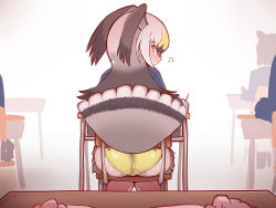 Rule 34 | 1girl, :3, alternate costume, ass, bird girl, bird tail, bird wings, black-tailed gull (kemono friends), black hair, blonde hair, blush, chair, commentary request, desk, from behind, gradient hair, grey hair, head wings, jacket, kemono friends, long bangs, long hair, long sleeves, looking at viewer, multicolored hair, musical note, on chair, panties, pov, pov hands, red hair, school desk, school uniform, shiny skin, sideways glance, sitting, skindentation, skirt, smile, solo focus, tail, tanaka kusao, teasing, underwear, wings, yellow eyes, yellow panties