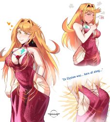 Rule 34 | 1girl, alternate color, alternate costume, ass, blonde hair, blush, breasts, butt crack, cleavage, dedhed art, dress, earrings, embarrassed, english text, gold, highres, hip vent, jewelry, large breasts, meme attire, modakawa dress, mythra (xenoblade), o-ring, red dress, smile, sweatdrop, white background, xenoblade chronicles (series), xenoblade chronicles 2, yellow eyes