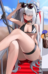 Rule 34 | 1girl, 82jhin, absurdres, ass, beach, bikini, black bikini, black choker, black gloves, black tail, blue archive, blue ribbon, blush, breasts, chair, choker, clenched teeth, cocktail umbrella, cup, day, demon tail, drink, drinking glass, drinking straw, eyewear on head, feet out of frame, food, fruit, gloves, grey hair, hair over one eye, hair ribbon, halo, highres, iori (blue archive), iori (swimsuit) (blue archive), long hair, looking at viewer, lounge chair, medium breasts, ocean, official alternate costume, orange (fruit), orange slice, outdoors, pointy ears, purple halo, red eyes, ribbon, scowl, sky, solo, sunglasses, swimsuit, tail, teeth, thigh strap, thighs, twintails, very long hair
