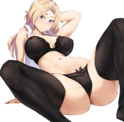 Rule 34 | 1girl, alternate costume, bare shoulders, blonde hair, blue eyes, bra, breasts, cleavage, closed mouth, collarbone, hand in own hair, highres, hornet (kancolle), kantai collection, large breasts, lingerie, long hair, looking at viewer, navel, open clothes, open shirt, panties, sebakanken, shirt, simple background, sleeveless, sleeveless shirt, smile, solo, thighhighs, underwear, white background