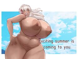 Rule 34 | 1girl, bouncing breasts, breasts, cloud, completely nude, curvy, dark-skinned female, dark skin, day, english text, eyelashes, female focus, floating hair, grey hair, grin, hand on own hip, highres, huge breasts, navel, nipples, nude, original, outdoors, plump, ponytail, rose (shiruhiya), shiny skin, shiruhiya, sky, smile, solo, thick thighs, thighs, underboob, wide hips, yellow eyes