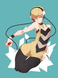 Rule 34 | 10s, 1girl, bad id, bad pixiv id, bare shoulders, blonde hair, blue background, blue eyes, breasts, cleavage, creatures (company), elesa (pokemon), game freak, gym leader, hand on own hip, headphones, highres, hip focus, holding, holding poke ball, iroyopon, nintendo, pantyhose, poke ball, pokemon, pokemon bw, short hair, small breasts, solo
