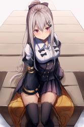Rule 34 | 1girl, black bow, black skirt, black thighhighs, bow, box, breasts, buttons, collared shirt, from above, girls&#039; frontline, grey hair, hair between eyes, hair bow, hair ornament, hairclip, highres, iws 2000 (girls&#039; frontline), iws 2000 (the seventh sealer) (girls&#039; frontline), konome noi, lace, lace-trimmed legwear, lace trim, long hair, long sleeves, looking at viewer, medium breasts, miniskirt, official alternate costume, pleated skirt, ponytail, red eyes, shirt, sitting, skirt, smile, solo, thighhighs, underbust, very long hair, white shirt, zettai ryouiki