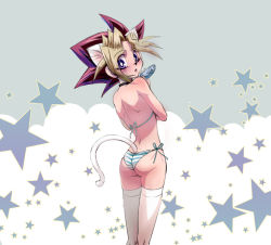 Rule 34 | 1boy, animal ears, ass, ass focus, bad id, bad pixiv id, bikini, blonde hair, blush, cat boy, cat ears, cat tail, crossdressing, dyed bangs, fish, looking back, male focus, multicolored hair, muto yugi, open mouth, panties, purple eyes, ready made pix, short hair, solo, spiked hair, striped clothes, striped panties, swimsuit, tail, thighhighs, trap, underwear, white thighhighs, yu-gi-oh!, yu-gi-oh! duel monsters