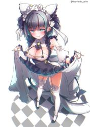 Rule 34 | 1girl, a.f.o, animal ears, apron, aqua eyes, aqua hair, aqua nails, azur lane, black footwear, black hair, blush, breasts, checkered floor, cheshire (azur lane), cleavage, closed mouth, detached sleeves, dress, extra ears, frilled hairband, frilled headband, frills, full body, garter straps, gluteal fold, hairband, high heels, highres, large breasts, lifting own clothes, looking at viewer, maid headdress, multicolored hair, nail polish, puffy detached sleeves, puffy sleeves, purple apron, ribbon, shoes, smile, solo, streaked hair, thighhighs, white dress, white thighhighs, wrist cuffs