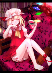 Rule 34 | 1girl, absurdres, armchair, bad id, bad pixiv id, barefoot, blonde hair, bloomers, chair, cup, feet, female focus, flandre scarlet, hat, highres, letterboxed, ponytail, red eyes, ribbon, rushka, short hair, side ponytail, sitting, solo, tea, teacup, embodiment of scarlet devil, touhou, underwear, watari (hasumi rina), wings