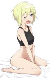 Rule 34 | 1girl, absurdres, bare shoulders, barefoot, black tank top, blonde hair, blue eyes, blush, bottomless, breasts, collarbone, commentary request, drooling, erica hartmann, fankupl, highres, looking at viewer, no panties, open mouth, saliva, short hair, simple background, small breasts, solo, strike witches, tank top, tears, waking up, white background, world witches series, yawning