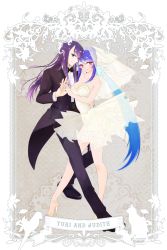 Rule 34 | 00s, 1boy, 1girl, bad id, bad pixiv id, bare shoulders, blue hair, bow, bowtie, breasts, bridal veil, ceren, character name, cleavage, dancing, dress, hair bun, high heels, jewelry, judith (tales), large breasts, long hair, multicolored hair, ornate ring, pointy ears, purple hair, red eyes, ring, sandals, single hair bun, strapless, strapless dress, tales of (series), tales of vesperia, tuxedo, twintails, two-tone hair, veil, very long hair, wedding dress, wedding ring, yuri lowell