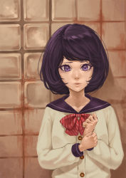 Rule 34 | 1girl, against wall, bow, bowtie, cardigan, facing viewer, hand on own wrist, highres, long sleeves, mikumo (lpmkookm), original, purple eyes, purple hair, red bow, red bowtie, sailor collar, school uniform, serafuku, short hair, solo, striped bow, striped bowtie, striped clothes, striped neckwear, upper body, wall, yellow cardigan