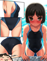 Rule 34 | 1girl, :3, amagami, ass, bare shoulders, black hair, blush, brown eyes, competition swimsuit, imazon, navel, nose blush, one-piece swimsuit, pool, short hair, solo, swimsuit, tachibana miya, water, wet
